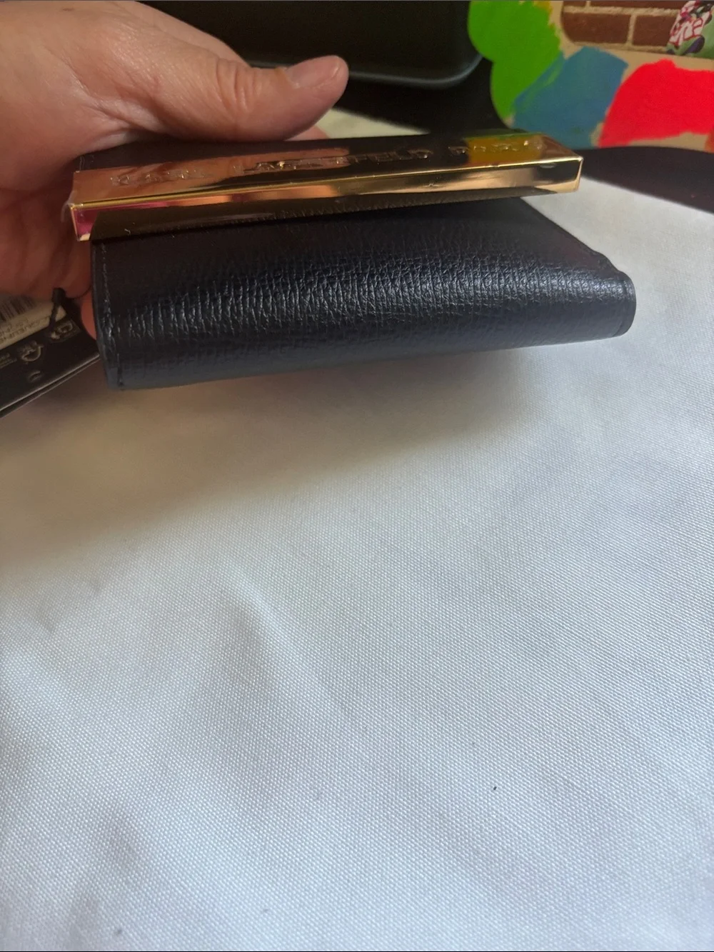 Karl Lagerfeld Black Leather Mini Wallet with Gold Logo Plaque